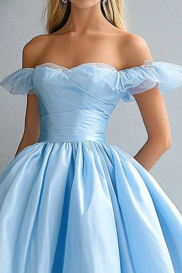 Sky Blue A-Line Off the Shoulder Ruffle Organza Ball Gown